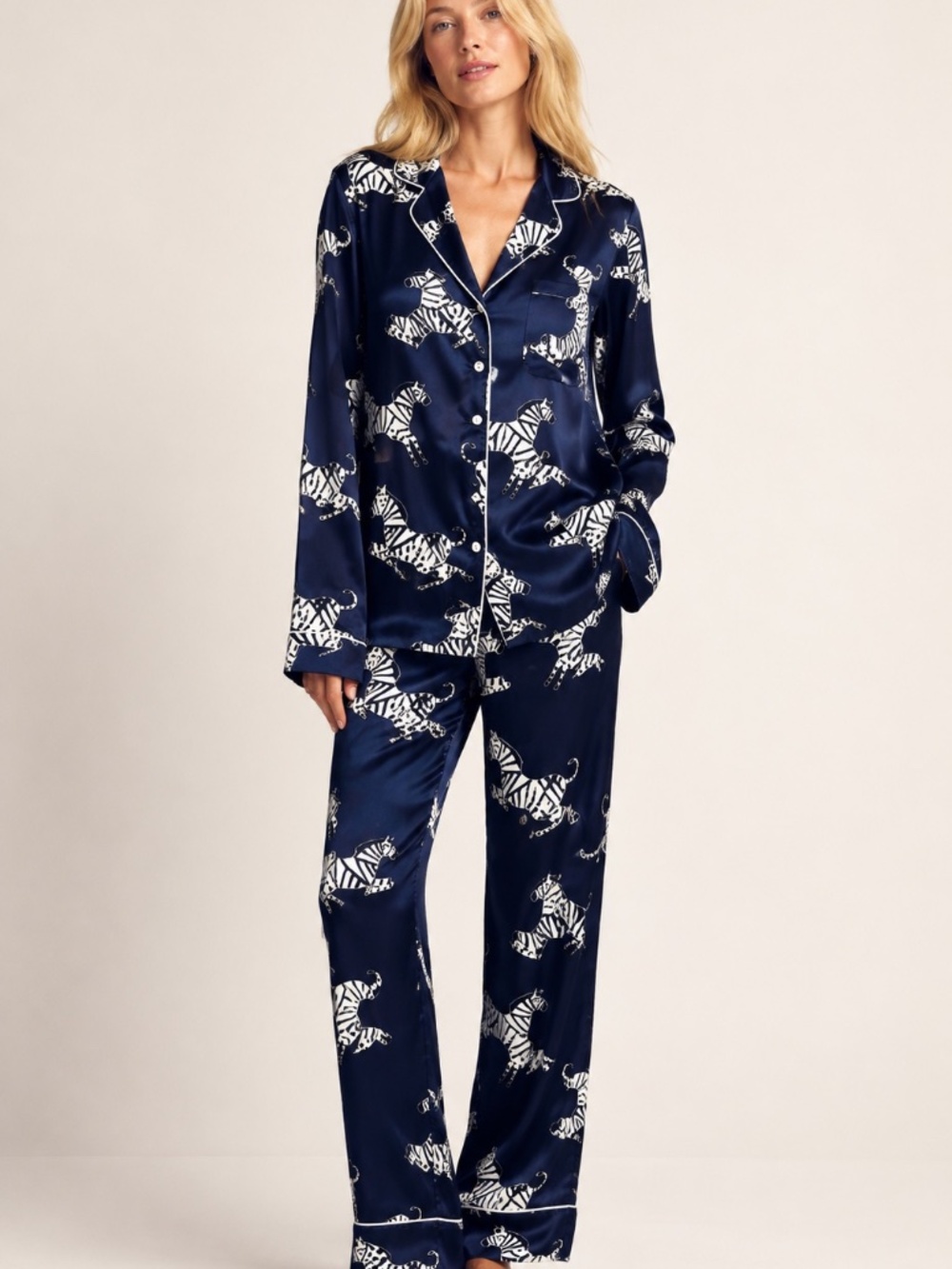 Olivia Von Halle Lila Zizi Zebra Silk Pajama Set Size S Navy Luxury Loungewear
